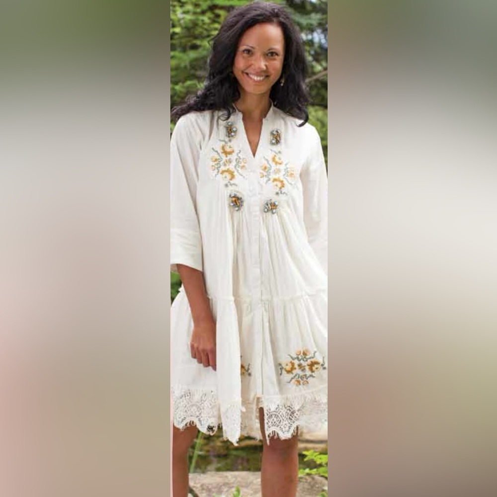 April Cornell White Bohemian Embroidered Dress
